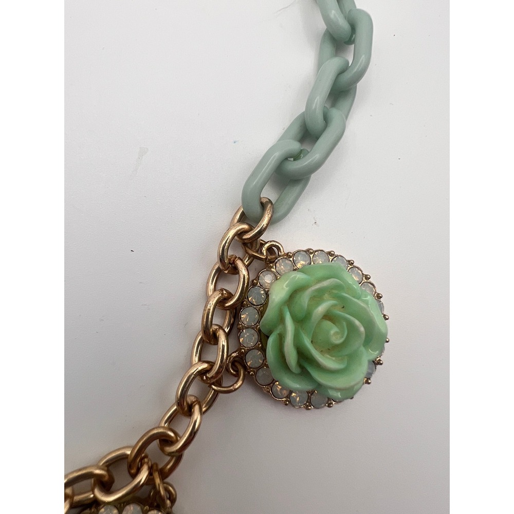 Mint Green Rose Rhinestone Statement Necklace Gold Tone Blue Teardrop Charms - Picture 4 of 9